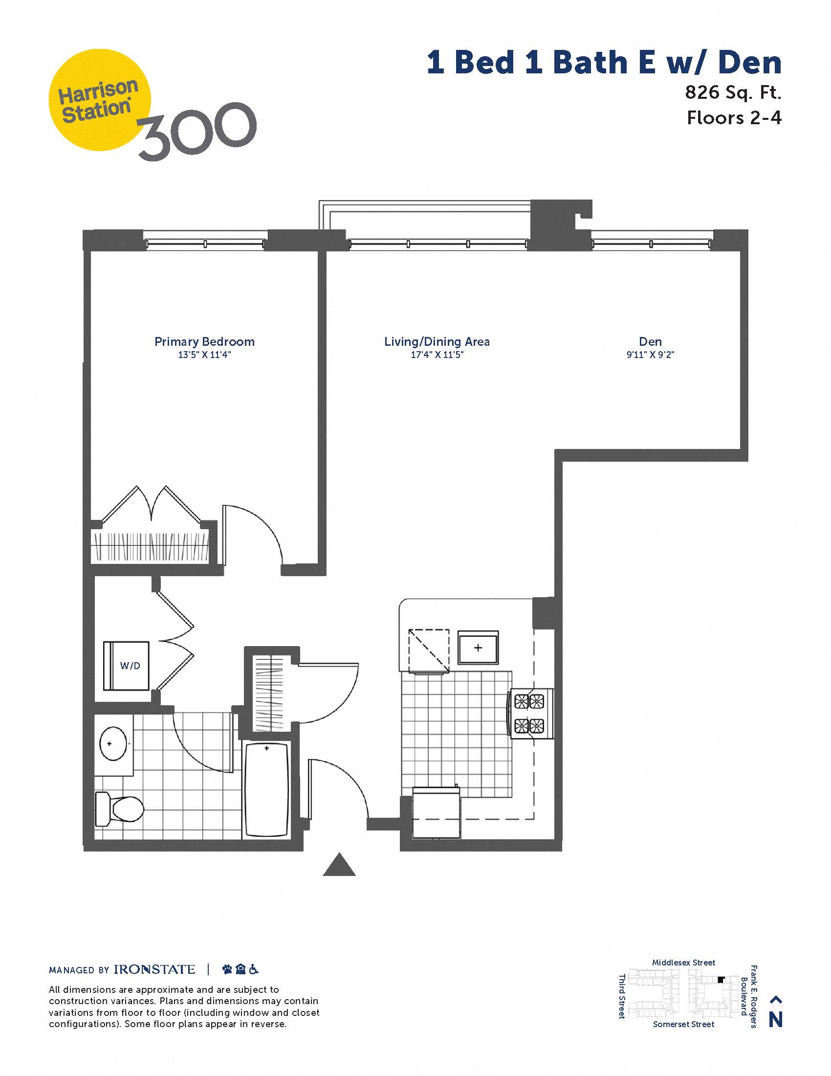 Floor plan for 1 bed, 1 bath, 828 sqft